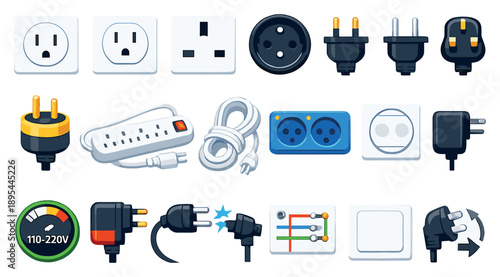 Sockets for Electrical Use in flat style: power outlet, wall socket, two-prong socket, three-prong socket, electrical plug, grounded outlet, surge protector. Vector icons