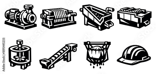 Industrial wastewater treatment tools in bold style: sludge pump, filter press, grit separator, oil skimmer, mixing tank, conveyor screw, dewatering bag, safety. Vector icons