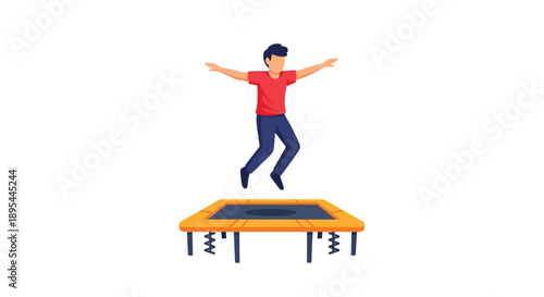 A young man joyfully jumping on a yellow and black trampoline