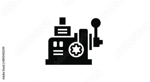 Simple black icon depicting a vintage cash register machine