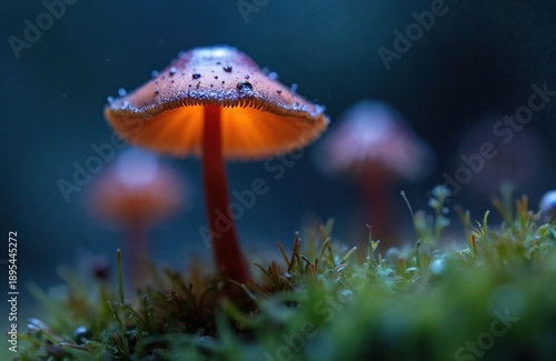 Wallpaper Mural Small glowing mushroom grows in mossy forest floor. Macro view captures water drops on fungus cap. Dark moody background enhances mystical aura of wild nature. Torontodigital.ca