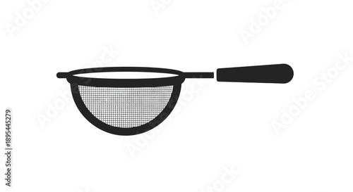Simple black and white illustration of a kitchen strainer with a handle