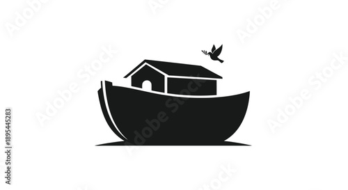Simple black and white illustration of a boat with a bird flying above