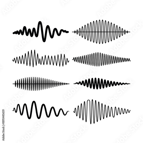 Collection of eight black lines displaying various sound wave or audio signal.