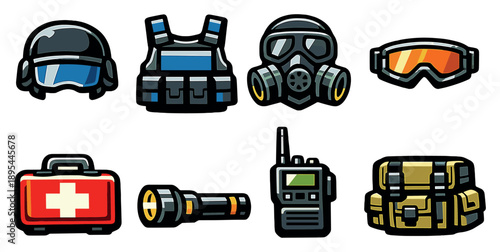 Journalist safety gear in bold style: helmet, protective vest, gas mask, safety goggles, first aid kit, flashlight, radio transceiver, utility pouch. Vector icons
