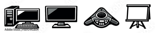 Enterprise brand strategy equipment in bold style: desktop computer, large monitor, conference speaker, presentation stand. Vector icons