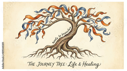 Colorful tree with swirling ribbons symbolizing life healing and growth on beige background