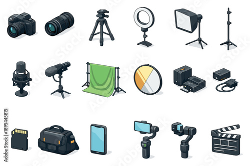 Social media manager content creation kit in isometric flat style: camera, lens, tripod, ring light, softbox, light stand, microphone, microphone stand. Vector icons