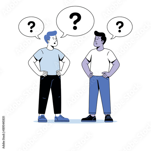 Two confused men standing with question marks above their heads during conversation.