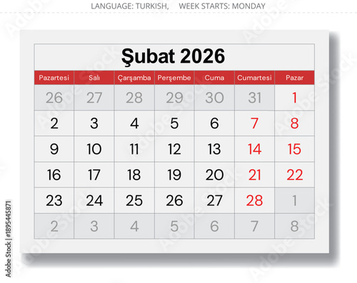2026 Turkish February calendar. Vector illustration page Turkey