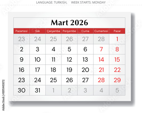 2026 Turkish March calendar. Vector illustration page Turkey