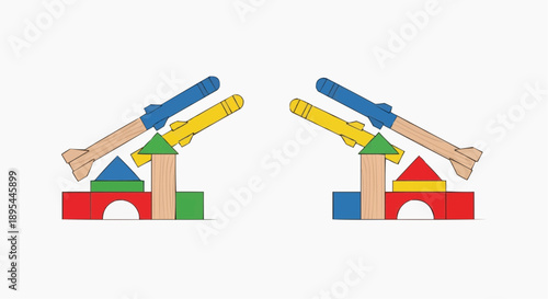 Toy rocket launchers made of wooden blocks, symbolizing innovation and creativity