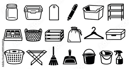 Zero waste home organization tools in linear style: storage jar, airtight container, label tag, marker pen, storage bin, shelving rack. Vector icons