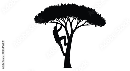 Silhouette of a person climbing a large leafy tree against a white background