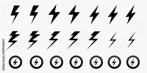 Multiple black lightning bolts and circular icons with lightning symbols