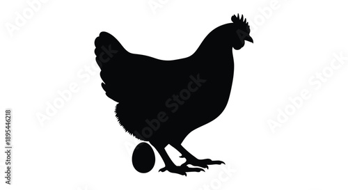 A striking silhouette of a hen standing with a single egg