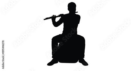 Silhouette of a musician playing a flute while seated on a stool