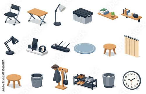 Mobile lifestyle compact home setup in isometric flat style: folding chair, folding table, floor lamp, storage box, wall shelf, desk lamp, charging station. Vector icons