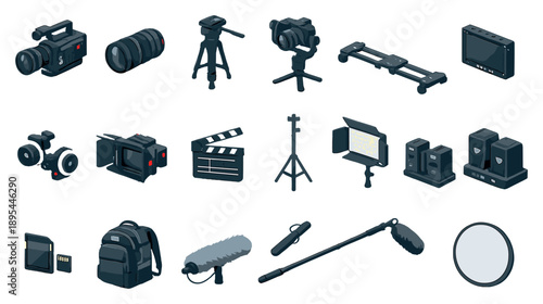 Film production rental gear in isometric flat style: camera, lens, tripod, gimbal, slider, monitor, follow focus, matte box, clapperboard, light stand, LED. Vector icons