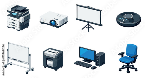 Office equipment rental assets in isometric flat style: photocopier, projector, projection screen, conference speaker, rolling whiteboard, document shredder. Vector icons