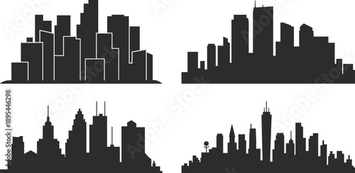 Urban city skyline silhouettes collection isolated on white background, modern metropolitan building outlines set for architecture design, travel concepts, and creative graphic projects