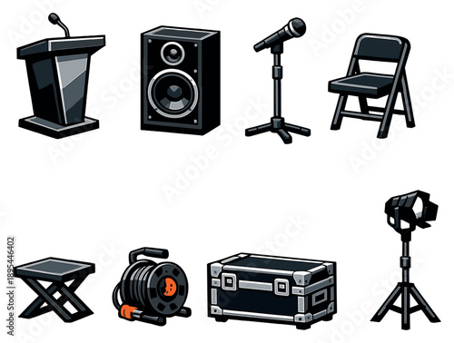Professional coaching room furniture in bold style: podium, floor speaker, microphone, folding chair, side table, cable reel, road case, standing lamp. Vector icons