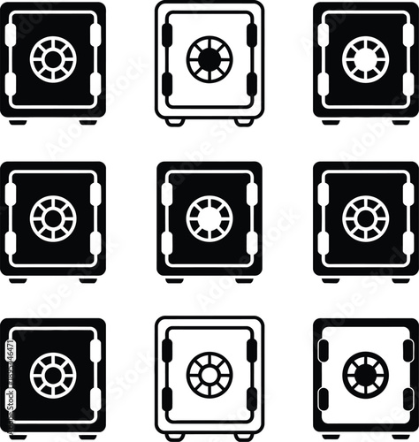 Monochrome Vector Illustration of Safe Collection Depicted in Minimalist Silhouette Featuring Nine Variations of Reinforced Safes with Circular Combination Locks, Hinges, and Bold Outlines Arranged 