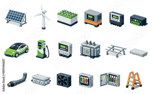 Green energy renewable power equipment in isometric flat style: solar panel, wind turbine, battery pack, inverter box, charge controller, electric car, charging. Vector icons