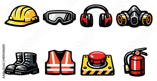 Manufacturing industry plant safety gear in bold style: safety helmet, protective goggles, ear protector, respirator mask, steel boots, safety vest, emergency. Vector icons