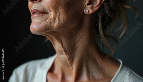 Wallpaper Mural Close up on elderly woman neck showing visible wrinkles and skin texture. Mature female skin detailed view, aging process visible. Elegance in maturity. Torontodigital.ca