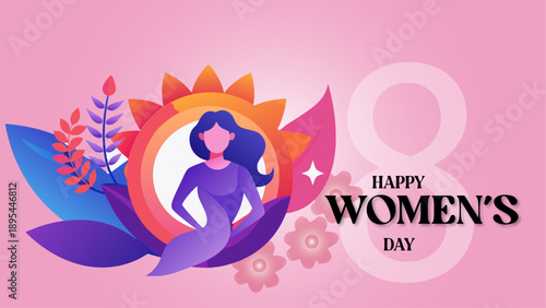 Creative womens day vector illustration with abstract female figure and sun motif on vibrant pink background for global celebration of women rights and achievements in contemporary style