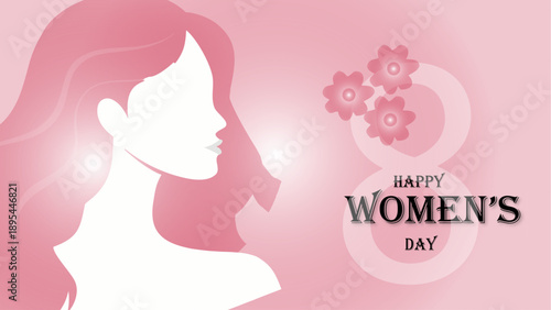Beautiful pink womens day banner with female silhouette and flowers for international holiday celebration on march eighth representing grace and strength in modern flat vector design