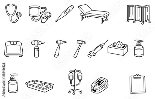 Healthcare clinic examination equipment in linear style: stethoscope, blood pressure monitor, thermometer, examination bed, privacy. Vector icons