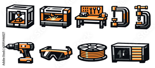 Experimental maker lab hardware in bold style: 3D printer, laser cutter, workbench, clamp, power drill, safety goggles, filament spool, tool cabinet. Vector icons