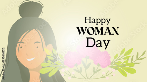 Happy woman day greeting banner with smiling girl character and pink flowers on light yellow background representing joy and happiness for annual spring celebration in cartoon vector art