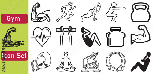 Gym & Fitness icon set featuring various exercise symbols for fitness and workout planning, Solid icons vector Collection.
