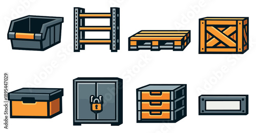 Retail storage and inventory containers in bold style: storage bin, metal shelf, pallet, crate, file box, lockable cabinet, plastic drawer, label holder. Vector icons