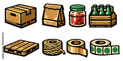 Farm produce packaging items in bold style: cardboard box, paper bag, glass jar, bottle crate, pallet, twine roll, packing tape, label roll. Vector icons