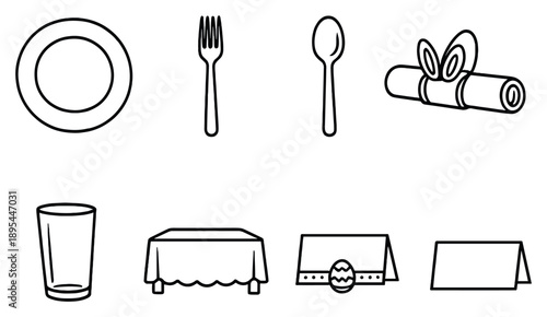 Easter celebration table setting items in linear style: dinner plate, fork, spoon, napkin, napkin ring, drinking glass, tablecloth. Vector icons