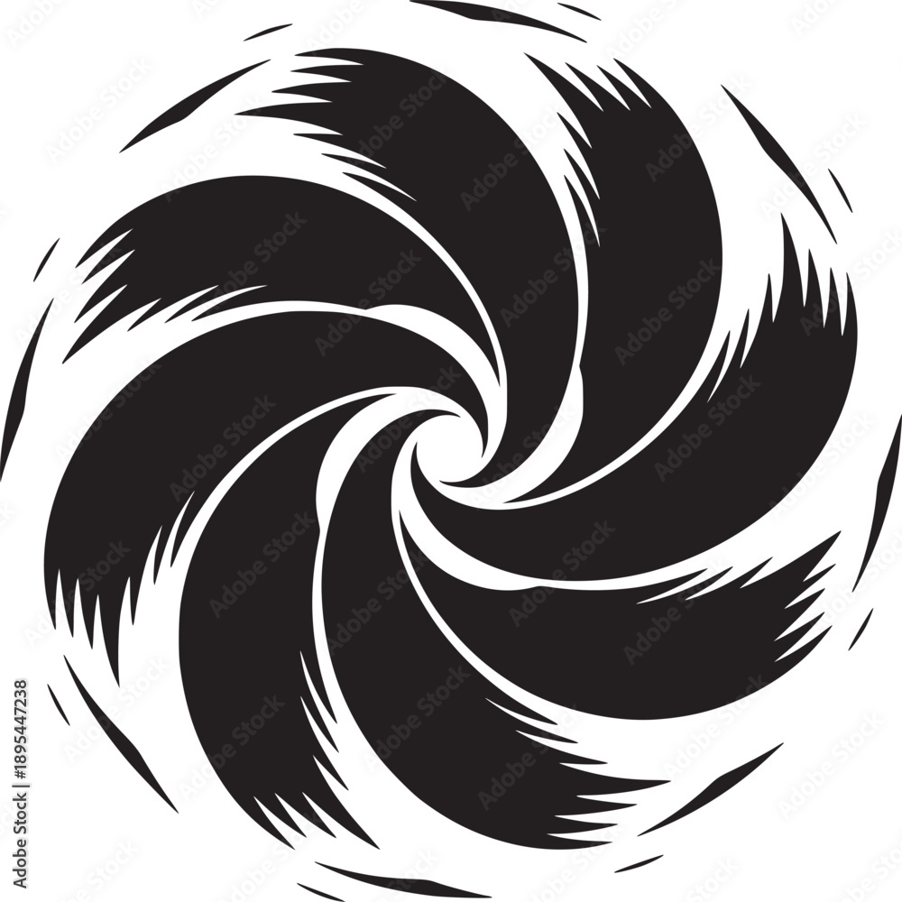 Fototapeta premium A black and white abstract spiral design with curved shapes converging towards a central point element