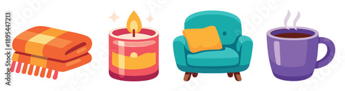 Cozy home comfort items in flat style: blanket, candle, armchair, mug. Vector icons