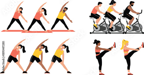 Fitness illustration, group workout, stretching exercise, yoga mat, stationary bike, leg stretch, physical activity, wellness, gym routine, active lifestyle, exercise pose, body movement, health icon,