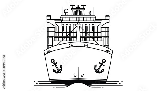 A detailed line drawing of a cargo ship with anchors on the front