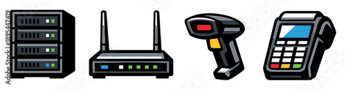 Platform infrastructure hardware in bold style: server rack, network router, barcode scanner, payment terminal. Vector icons