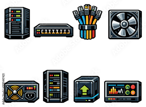 Digital transformation data center equipment in bold style: server tower, network switch, cable bundle, cooling fan, power unit, rack cabinet, backup drive. Vector icons
