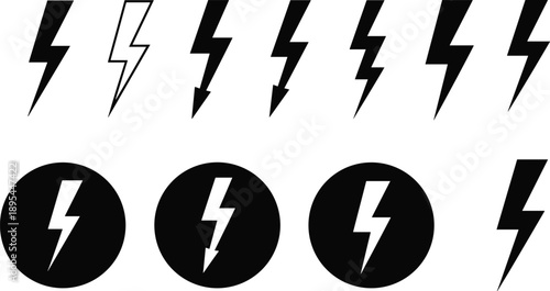 Lightning bolt icons, energy symbols, power design, electricity, outlined bolt, filled bolt, arrow tip, circular icon, minimal style, UI asset, graphic symbol, electric charge, voltage icon, 