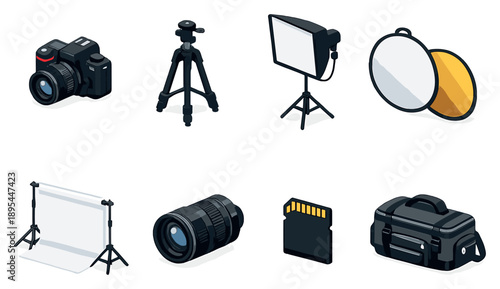 Professional photoshoot accessories in isometric flat style: camera, tripod, softbox light, reflector panel, backdrop stand, camera lens, memory card, equipment. Vector icons
