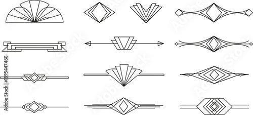Geometric decorative icons, Art Deco style, symmetrical embellishments, diamond pattern, arrow motif, fan design, linear ornament, black line, minimal layout, graphic divider, vintage elegance, 