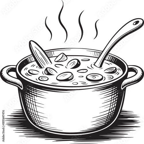 A steaming pot of soup with ladles illustration in monochrome black and white line art style image