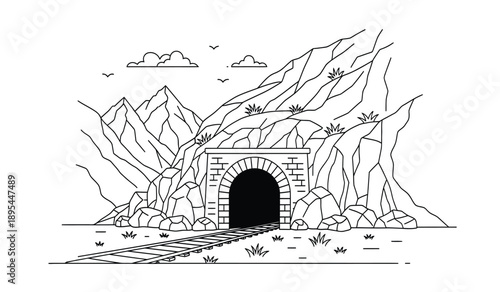 A black and white illustration of a tunnel entrance in a rocky mountain landscape with a pathway leading to it